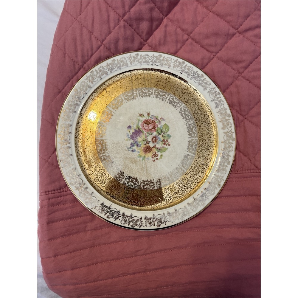 Vintage Gilt 22 Kt. Gold Edge Plated China Floral Pastry Cake Dish Tray
